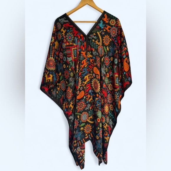 Pineda Covalin Mexico 100% Silk Poncho Huipil Huichol Spirit Pattern Black OS